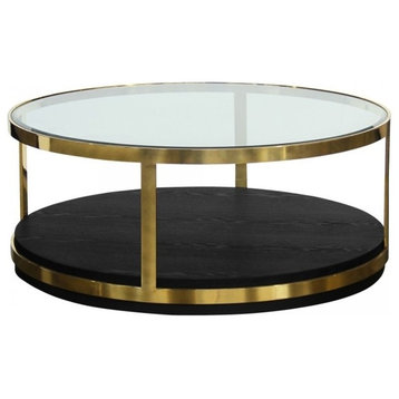Armen Living Hattie Round Glass Top Coffee Table in Brushed Gold and Black