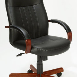 Black LeatherPlus Leather Office Chair with Cherry Finish Base - Office Chairs