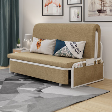 Modern Khaki Convertible Sofa Bed with Storage Cotton & Linen Upholstered Daybed, Khaki, 60.2"l X 34.3"w X 35"h