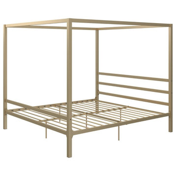King Canopy Platform Bed, Sleek Metal Frame With Built, Headboard, Gold