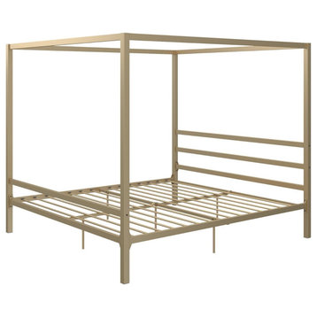 Elegant Metal Canopy Bed with Headboard, Four Poster Design & Underbed Storage, Gold