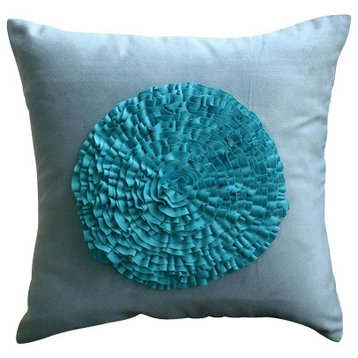 Blue Vintage Style Frills 14"x14" Faux Suede Fabric Pillow Covers, Vintage Mist