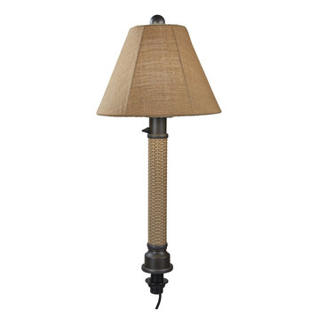 Umbrella Table Lamp , 2" Mocha Cream Wicker, Bronze Tube Body, Straw Linen