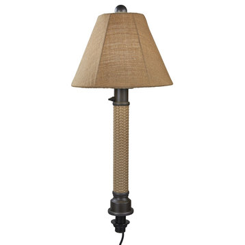 Umbrella Table Lamp , 2" Mocha Cream Wicker, Bronze Tube Body, Straw Linen