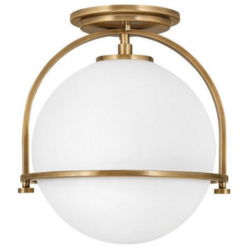 1-Light Semi-Flush Mount Metal Yoke and Ring in Heritage Brass Etched Opal