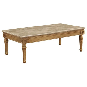 Traditional Coffee Table, Elegant Turned Legs and Rectangular Marble Top, Gold