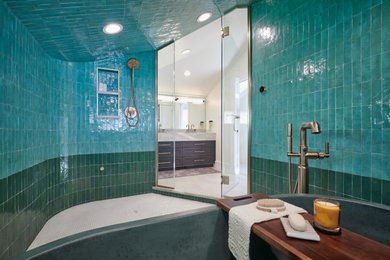 Bathroom - large contemporary master green tile and ceramic tile ceramic tile and double-sink bathroom idea in Denver with shaker cabinets, black cabinets, a one-piece toilet, green walls, an undermount sink, quartz countertops, a hinged shower door, gray countertops and a built-in vanity