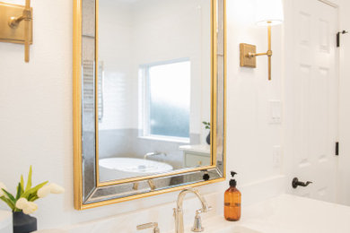 Bathroom - large transitional master multicolored tile and porcelain tile marble floor, multicolored floor and single-sink bathroom idea in Dallas with green cabinets, a bidet, white walls, an undermount sink, quartz countertops, white countertops, a niche and a built-in vanity