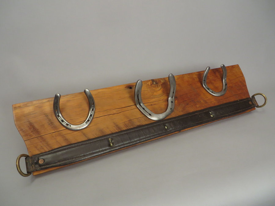 #R15071 Coat Rack Reclaimed Ambrosia Maple, horseshoes, MuleHarness leather.