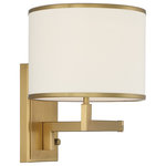 Crystorama - Madison One Light Wall Mount, Aged Brass - The functional and fashionable Madison task light is versatile enough to fit into any interior. Stylish modern and minimal the fixture features a white fabric shade and square beveled backplate powered by a dimmable switch to adjust brightness and can be hardwired or plugged into your outlet. Designed to direct light where you need it most this fixture is both sleek and contemporary allowing its design to be incorporated easily into any home decor.