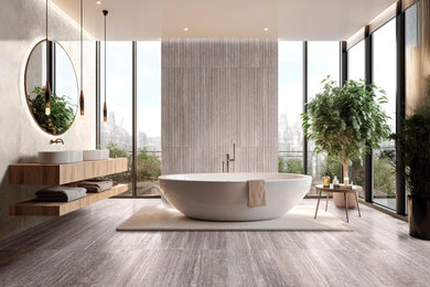 Свежая идея для дизайна: ванная комната в современном стиле с полом из керамогранита - отличное фото интерьера