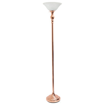 1 Light Torchiere Floor Lamp With Marbleized White Glass Shade, Rose Gold