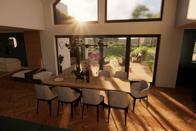 Idées déco pour une grande salle à manger ouverte sur le salon contemporaine avec un mur blanc, un sol marron et parquet clair.