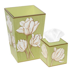 White Tulip on Sage Wastebasket and Tissue Box Set - Bathroom Accessories