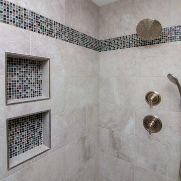 Contemporary Latte Vanity finish Bath Remodel w/ Bliss Mosaic tile wall accent