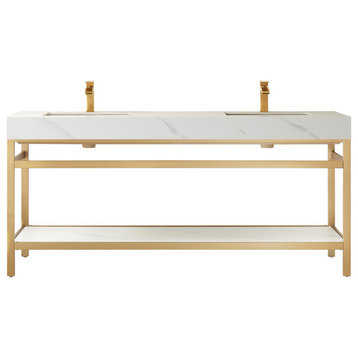 Funes Bath Vanity without Mirror, Brushed Gold Support, 72'', White Stone Top