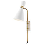 Mitzi by Hudson Valley Lighting - Willa 1-Light Wall Sconce, Aged Brass/White - Lamp As a table lamp, Willa is simply elegant. As a floor lamp, Willa is a striking addition to a space. Its oversized knob allows you to move the neck and head up and down, as well as lock it into position. Willa's further adjustable at the base of the contrastingly cuffed shade. Sconce�Exuding mid-century modern vibes, Willa's conical shade adjusts on an elegant swivel. Above the band, it forms a smooth cup with a matching metal detail. Perfect for those who like to keep things fresh, as well as for renters or apartment-dwellers, Willa plugs into an outlet, its contrasting backplate mountable like a framed print on the wall.