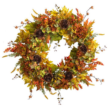 W1239 32 Fall Hydrangea, Ranunculus and Maple Leaf Autumn Artificial Wreath