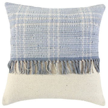Ivory Blue Block Tasseled Throw Pillow