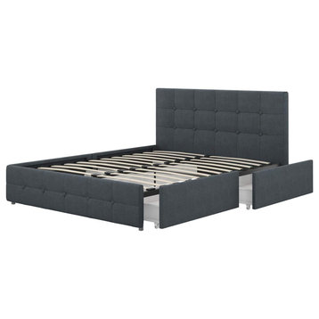 Contemporary Full Platform Bed, Button Tufted Headboard & Storage Drawers, Blue