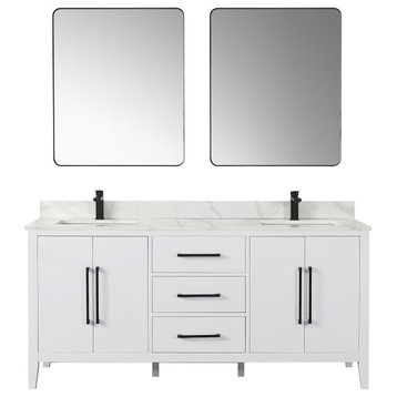 Laurel Bathroom Vanity with Calacatta White Quartz Stone Countertop, White, 72", With Mirror