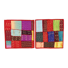 2 Indian Pillowcases Red Sari Patchwork Sequin Beaded Toss Cushion Covers India