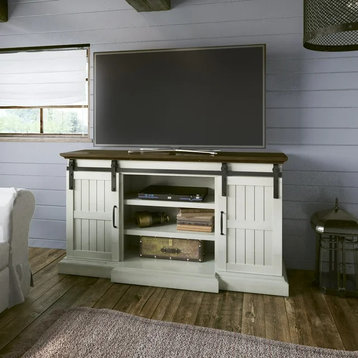 Farmhouse Tall TV Stand, Sliding Doors & Adjustable Shelves, Old Wood White