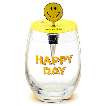 Two's Company Happy Day Stemless Wine Glass with Smile Face Wine Stopper