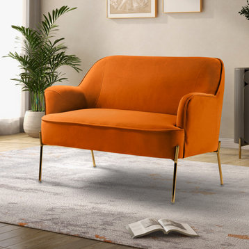 Velvet Loveseat Sofa With Recessed Arms, Orange