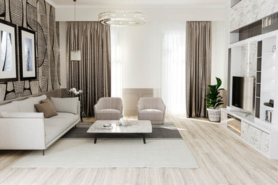 Foto de salón actual de tamaño medio sin chimenea con paredes blancas, pared multimedia, suelo beige y papel pintado