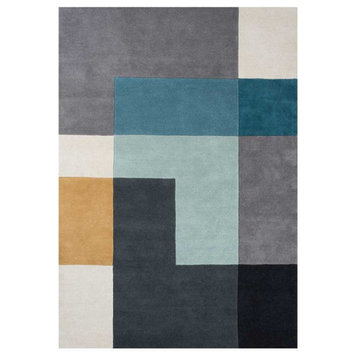 Ometri Aqua Blue Multicolor 100% Wool Rug, 67"x 93"