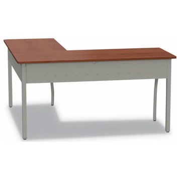 Modern Desk, L-Shaped Design With Metal Legs & Wooden Top, Cherry/Gray