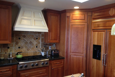 サンディエゴにある高級なトラディショナルスタイルのおしゃれなL型キッチン (レイズドパネル扉のキャビネット、中間色木目調キャビネット、パネルと同色の調理設備) の写真