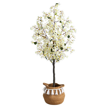 5ft. Artificial Bougainvillea Tree With Handmade Basket With Tassels