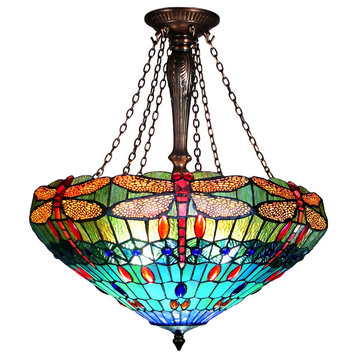 SCARLET, Tiffany-style 3 Light Dragonfly Inverted Ceiling Pendant, 24" Shade
