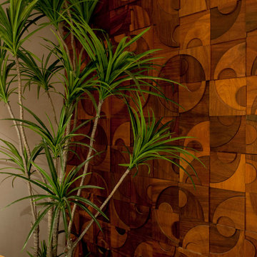 Contemporary accent wall with wood mosaic