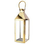 Serene Spaces Living - Square Stainless Steel Lantern, in 3 Sizes & 2 Colors, Gold, Medium - Simplicity at its best, the square shape and soft brushed gold finish gives the lantern a vintage feel, whereas, clear glass panes and simple latches keep it looking minimal and modern making it perfect for various décor styles like modern, vintage, rustic, beach, or farmhouse. Each lantern is solidly constructed of stainless steel and tempered glass and narrows at the crown top to a looped handle. Works well both indoor and outdoor in dry conditions. Place a 3" Diameter by 6" Tall candle of your choice inside the lantern to illuminate your space in a soft and serene glow. Or fill it with a collection of beautiful things to create a stunning display. Use them to line your wedding aisle, decorate stairs, create a centerpiece for parties, display on a countertop or coffee table, or light up your outdoor space with flickering light. Pair different sizes together for extra flair. Sold individually, the lantern measures 6" Diameter & 16.5" Tall. You can count on quality, design, and manufacturing when you order from Serene Spaces Living products, where we curate everything with love.