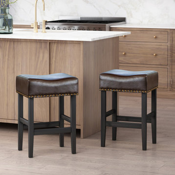 GDF Studio Chantal Backless Leather Stools, Set of 2, Brown, Counter Height