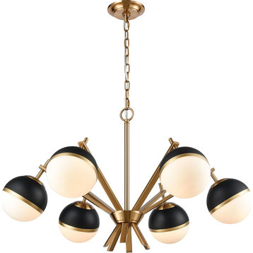 Blind Tiger Chandelier, Aged Brass With Black, Gold, White Glass