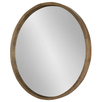 Modern Wall Mounted Mirror, Round Design With Wooden Frame, Rustic Brown/30"