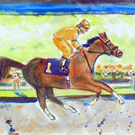 Betsy Drake - Racing Horse Gold Door Mat 30x50 - These decorative floor mats are made with a synthetic, low pile washable material that will stand up to years of wear. They have a non-slip rubber backing and feature art made by artists Dick Hamilton and Betsy Drake of Betsy Drake Interiors. All of our items are made in the USA. Our small door mats measure 18x26 and our larger mats measure 30x50. Enjoy a colorful design that will last for years to come.