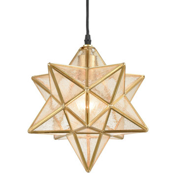 Brass Golden Moravian Star Pendant Light Star Glass Lights, 12", Seeded Glass