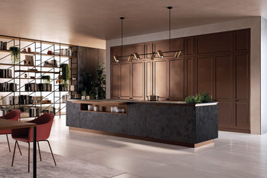 Mid-sized modern galley eat-in kitchen in Toronto with shaker cabinets, brown cabinets, tile benchtops, panelled appliances, porcelain floors, with island, grey floor and black benchtop.