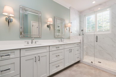 Small transitional master bathroom in DC Metro with shaker cabinets, grey cabinets, an alcove shower, a two-piece toilet, white tile, porcelain floors, an undermount sink, engineered quartz benchtops, beige floor, a hinged shower door, marble, grey walls and white benchtops.