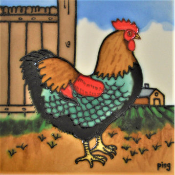 6x6" Brown Chicken Ceramic Art Tile Hot Plate Trivet and Wall Decor