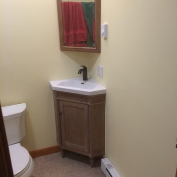 Transitional Small Bathroom Remodel w/Corner Vanity and Matching Mirror Fame