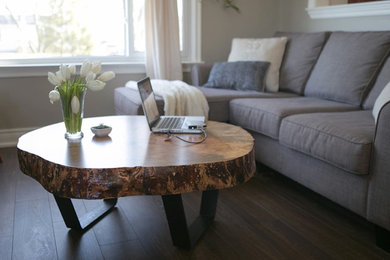 Example of a mid-sized transitional formal and open concept dark wood floor and brown floor living room design in Toronto with beige walls, no fireplace and no tv