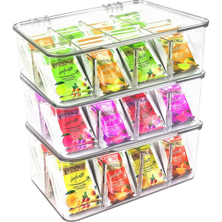 Set of 3 Stackable Tea Bag Storage Organizer Bin Box With Clear Top Lid