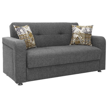 Modern Sleeper Sofa, Buttonless Tufted Back, Grey Chenille