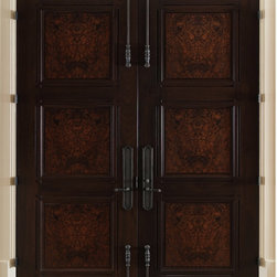 Custom Walnut Exterior Double Door with Burl Walnut Panels - Front Doors